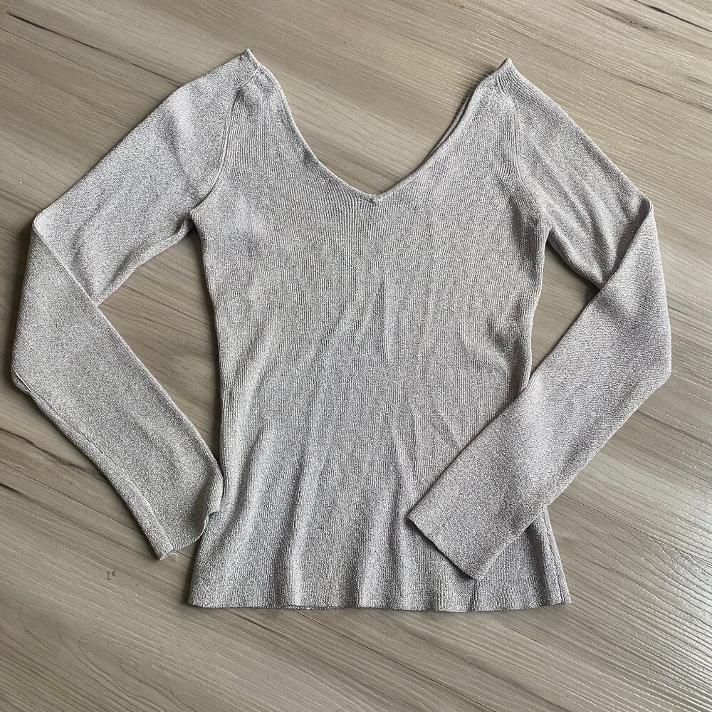 Vintage Y2k 90's Silver Metallic BCBG Max Azria Off shoulder deep V Long Sleeve